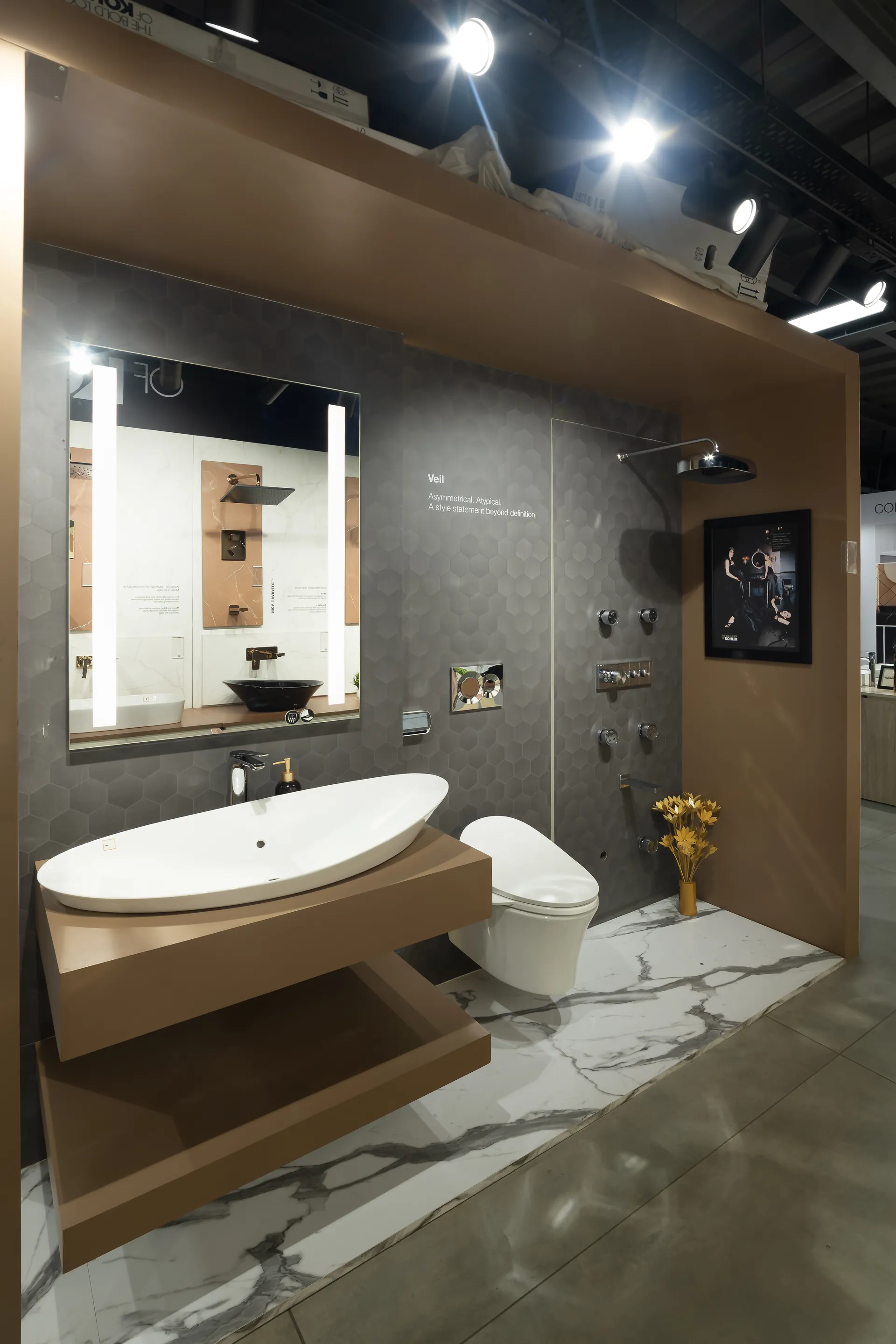 Designer vessel basins on wood counters